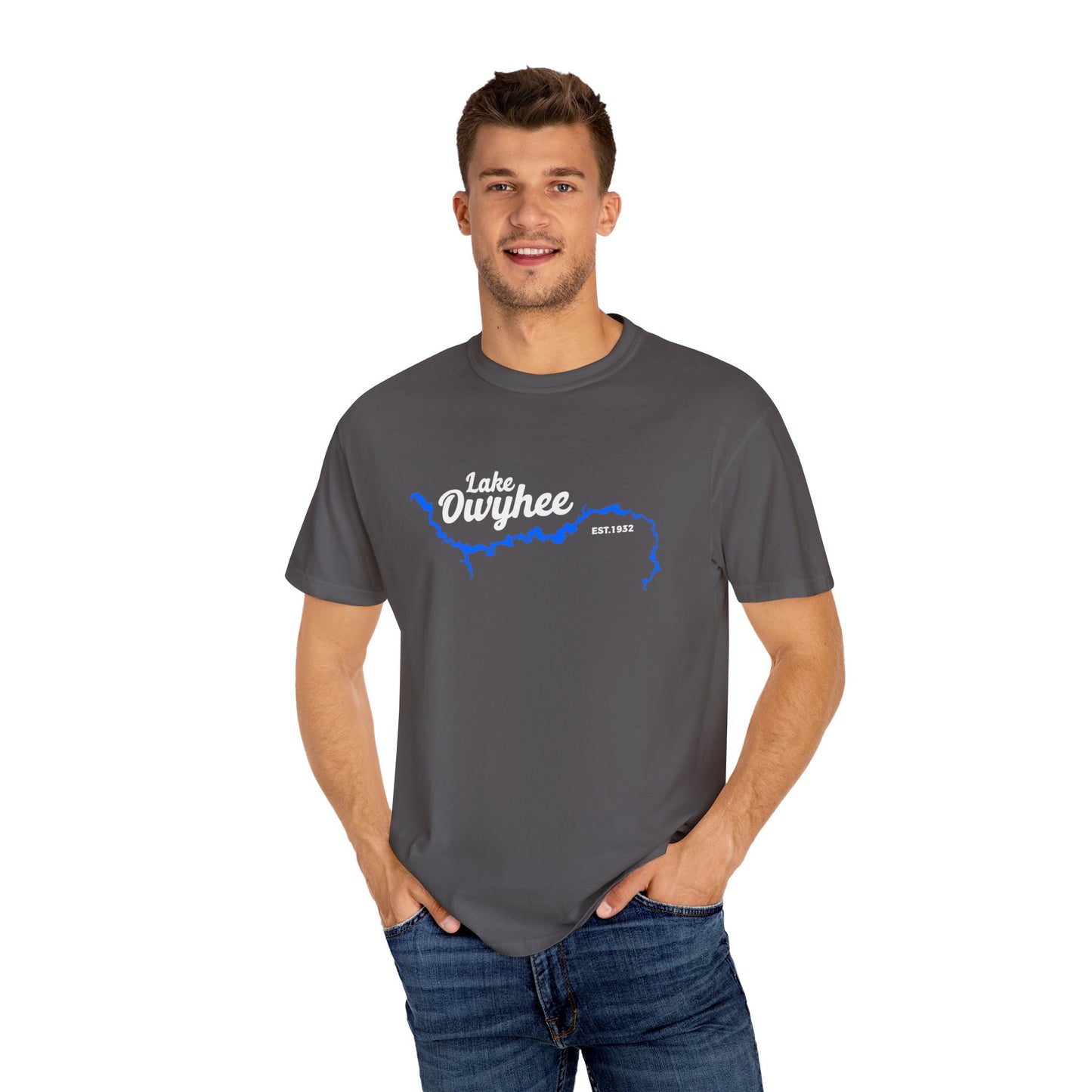 Lake Owyhee Blue Lake White Logo Unisex Garment-Dyed T-shirt